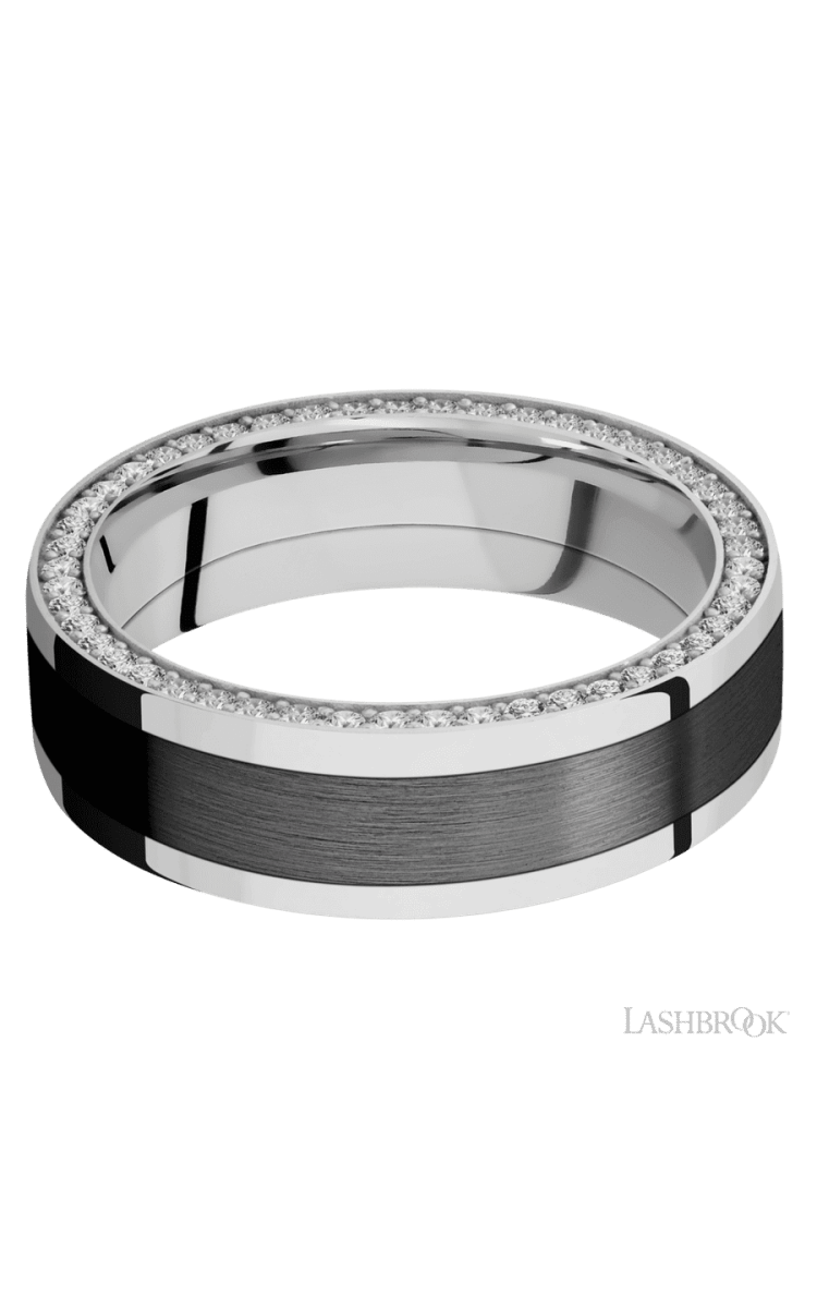 7 mm wide/Flat/14K White Gold band with one 4 mm Centered inlay of Zirconium and featuring a Side Eternity arrangement of .01 carat Round Diamond stones in a Bead Channel setting - Diamonds By Rothschild