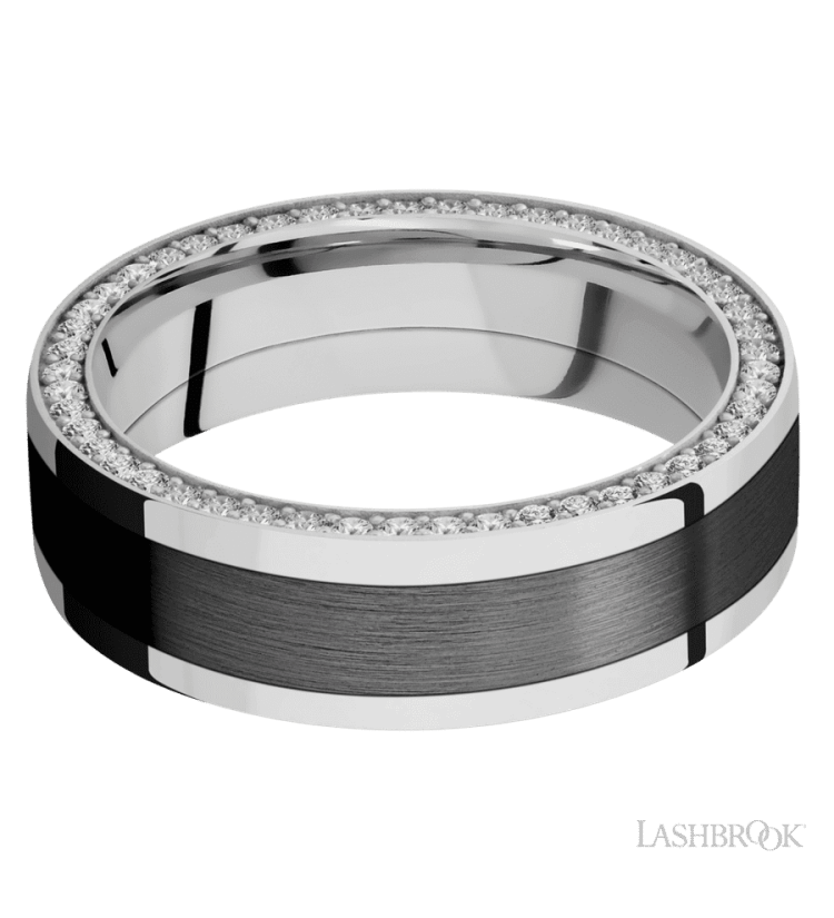 7 mm wide/Flat/14K White Gold band with one 4 mm Centered inlay of Zirconium and featuring a Side Eternity arrangement of .01 carat Round Diamond stones in a Bead Channel setting - Diamonds By Rothschild