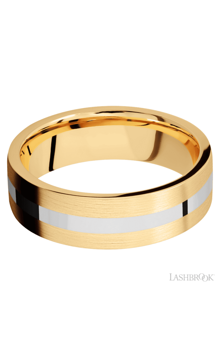 7 mm wide/Flat/14K Yellow Gold band with one 2 mm Centered inlay of 14K White Gold. - Diamonds By Rothschild