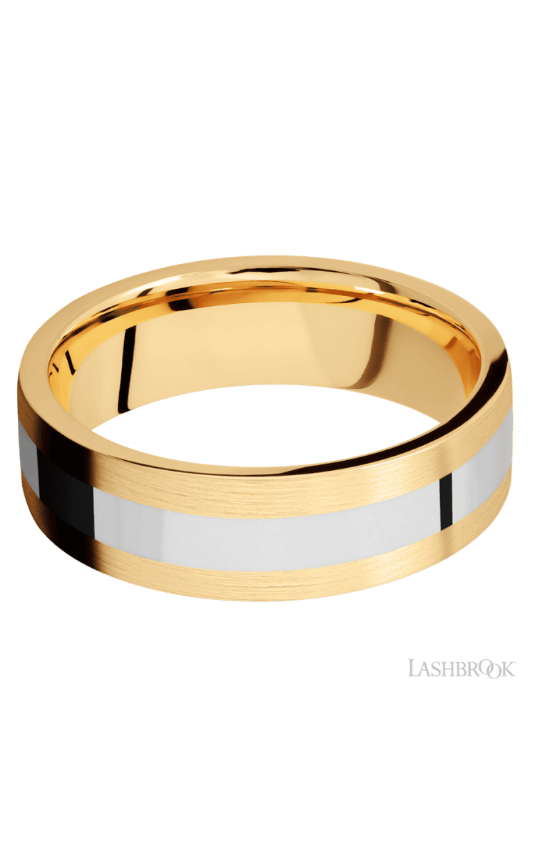 7 mm wide/Flat/14K Yellow Gold band with one 3 mm Centered inlay of 14K White Gold. - Diamonds By Rothschild