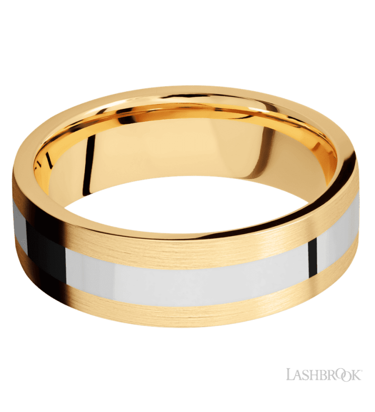 7 mm wide/Flat/14K Yellow Gold band with one 3 mm Centered inlay of 14K White Gold. - Diamonds By Rothschild