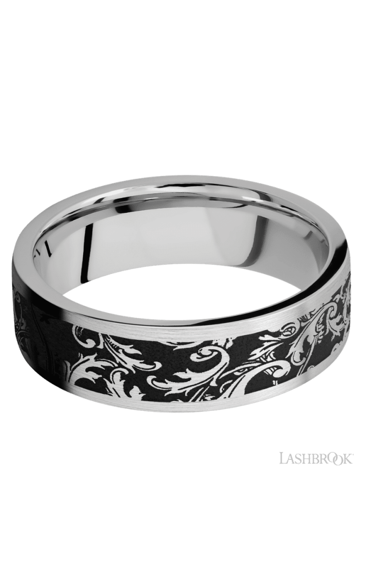 7 mm wide/Flat/Cobalt Chrome band with a laser carved Black Leaf pattern. - Diamonds By Rothschild