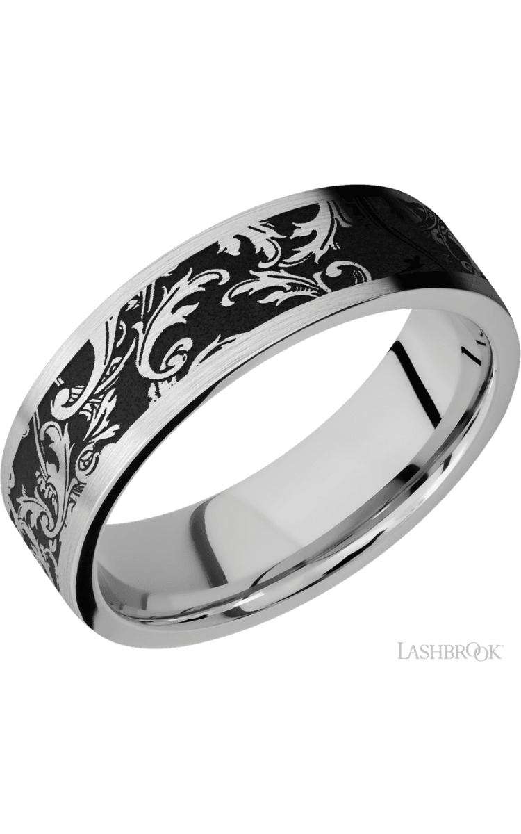 7 mm wide/Flat/Cobalt Chrome band with a laser carved Black Leaf pattern. - Diamonds By Rothschild