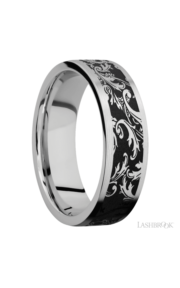 7 mm wide/Flat/Cobalt Chrome band with a laser carved Black Leaf pattern. - Diamonds By Rothschild