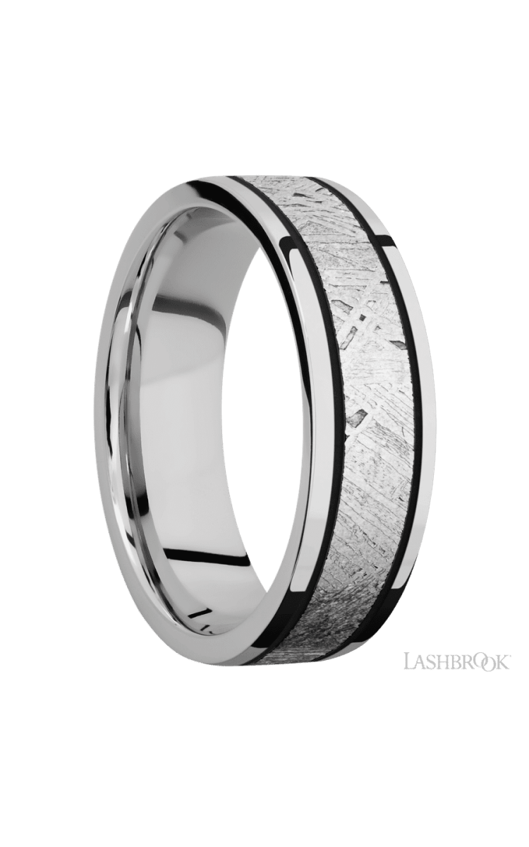 7 mm wide/Flat/Cobalt Chrome band with one 4 mm Centered inlay of Meteorite. - Diamonds By Rothschild