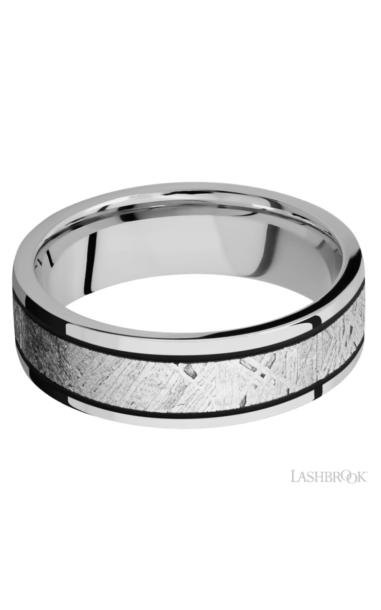 7 mm wide/Flat/Cobalt Chrome band with one 4 mm Centered inlay of Meteorite. - Diamonds By Rothschild