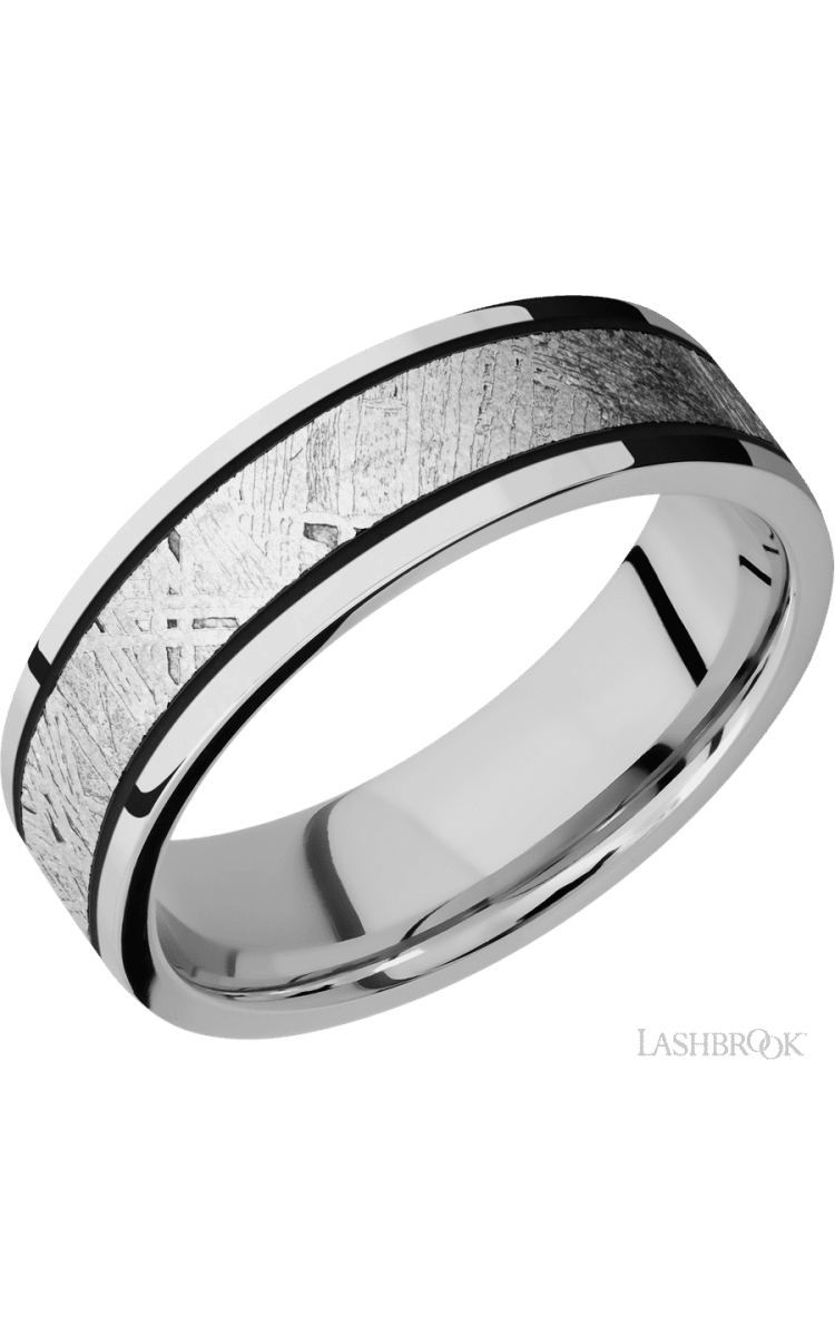 7 mm wide/Flat/Cobalt Chrome band with one 4 mm Centered inlay of Meteorite. - Diamonds By Rothschild