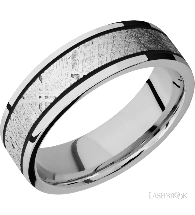 7 mm wide/Flat/Cobalt Chrome band with one 4 mm Centered inlay of Meteorite. - Diamonds By Rothschild