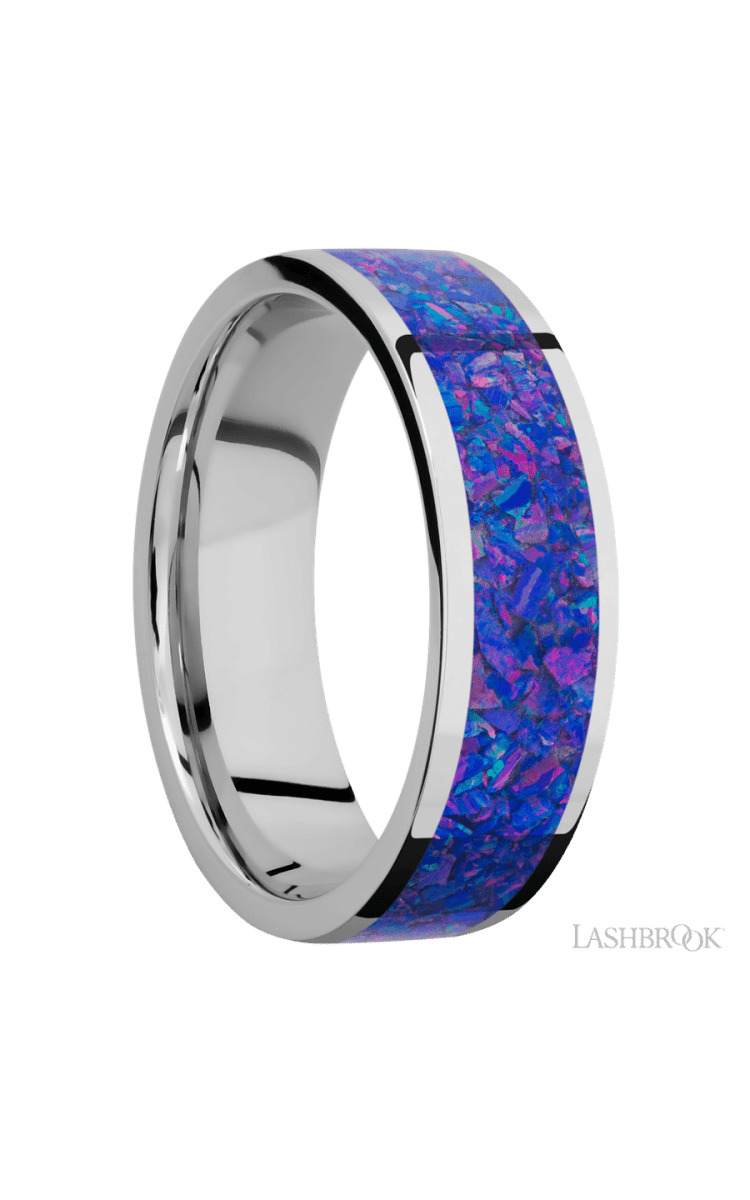 7 mm wide/Flat/Cobalt Chrome band with one 5 mm Centered inlay of Purple Opal. - Diamonds By Rothschild