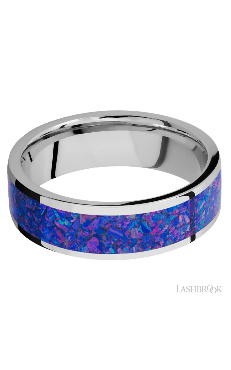 7 mm wide/Flat/Cobalt Chrome band with one 5 mm Centered inlay of Purple Opal. - Diamonds By Rothschild
