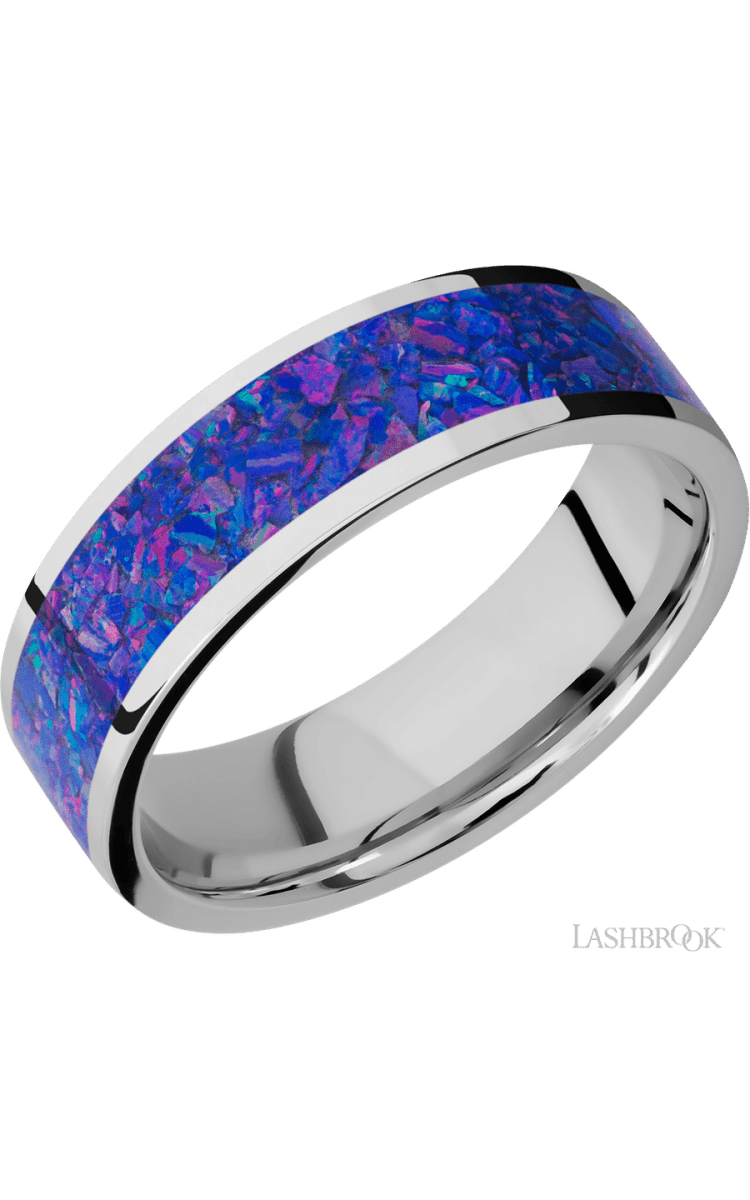 7 mm wide/Flat/Cobalt Chrome band with one 5 mm Centered inlay of Purple Opal. - Diamonds By Rothschild
