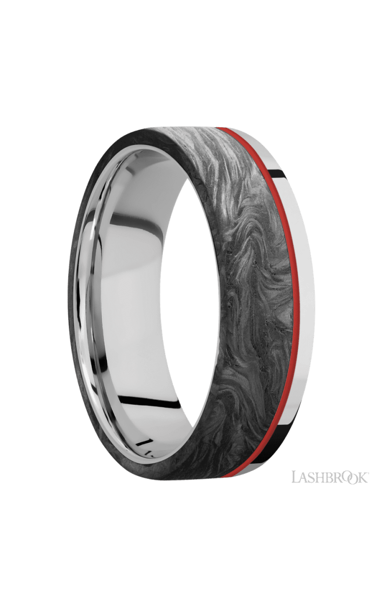 7 mm wide/Flat/Cobalt Chrome band with one 5 mm Off Center Edge inlay of Forged Carbon Fiber. - Diamonds By Rothschild