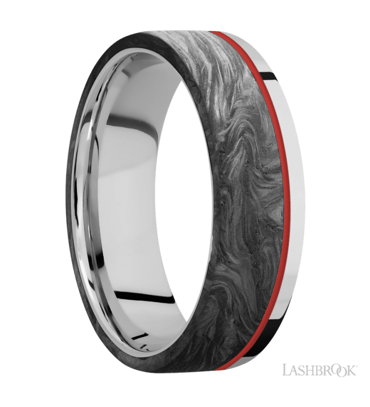 7 mm wide/Flat/Cobalt Chrome band with one 5 mm Off Center Edge inlay of Forged Carbon Fiber. - Diamonds By Rothschild