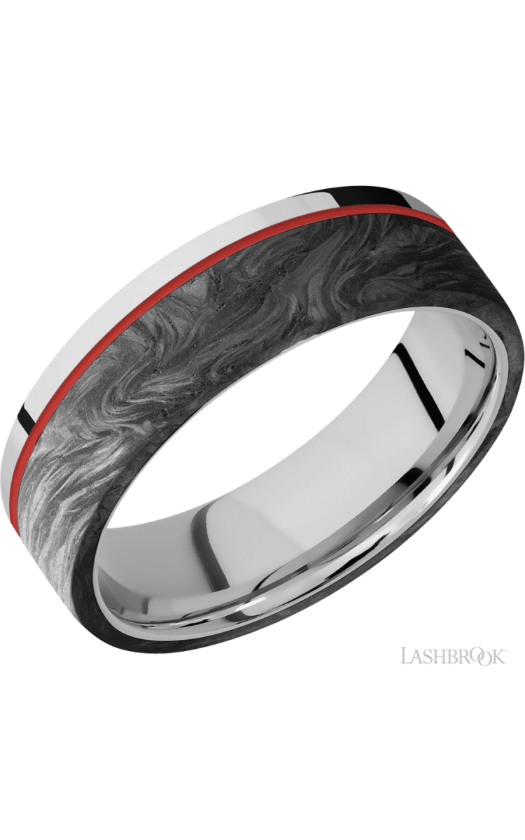 7 mm wide/Flat/Cobalt Chrome band with one 5 mm Off Center Edge inlay of Forged Carbon Fiber. - Diamonds By Rothschild
