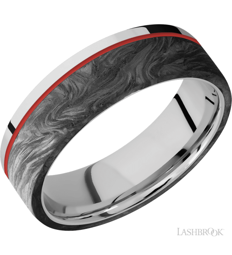 7 mm wide/Flat/Cobalt Chrome band with one 5 mm Off Center Edge inlay of Forged Carbon Fiber. - Diamonds By Rothschild