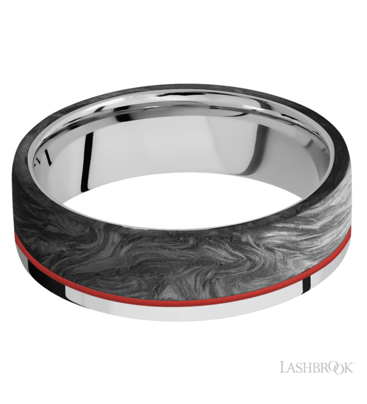7 mm wide/Flat/Cobalt Chrome band with one 5 mm Off Center Edge inlay of Forged Carbon Fiber. - Diamonds By Rothschild