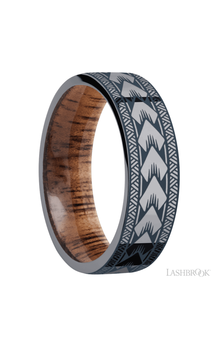 7 mm wide/Flat/Tantalum band with a laser carved Maori pattern also featuring a Koa sleeve. - Diamonds By Rothschild