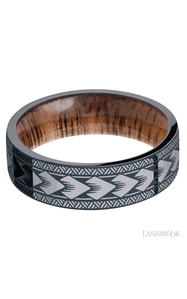 7 mm wide/Flat/Tantalum band with a laser carved Maori pattern also featuring a Koa sleeve. - Diamonds By Rothschild