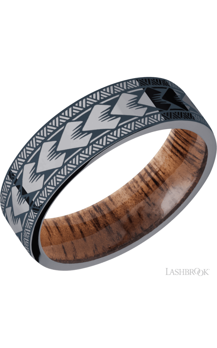 7 mm wide/Flat/Tantalum band with a laser carved Maori pattern also featuring a Koa sleeve. - Diamonds By Rothschild