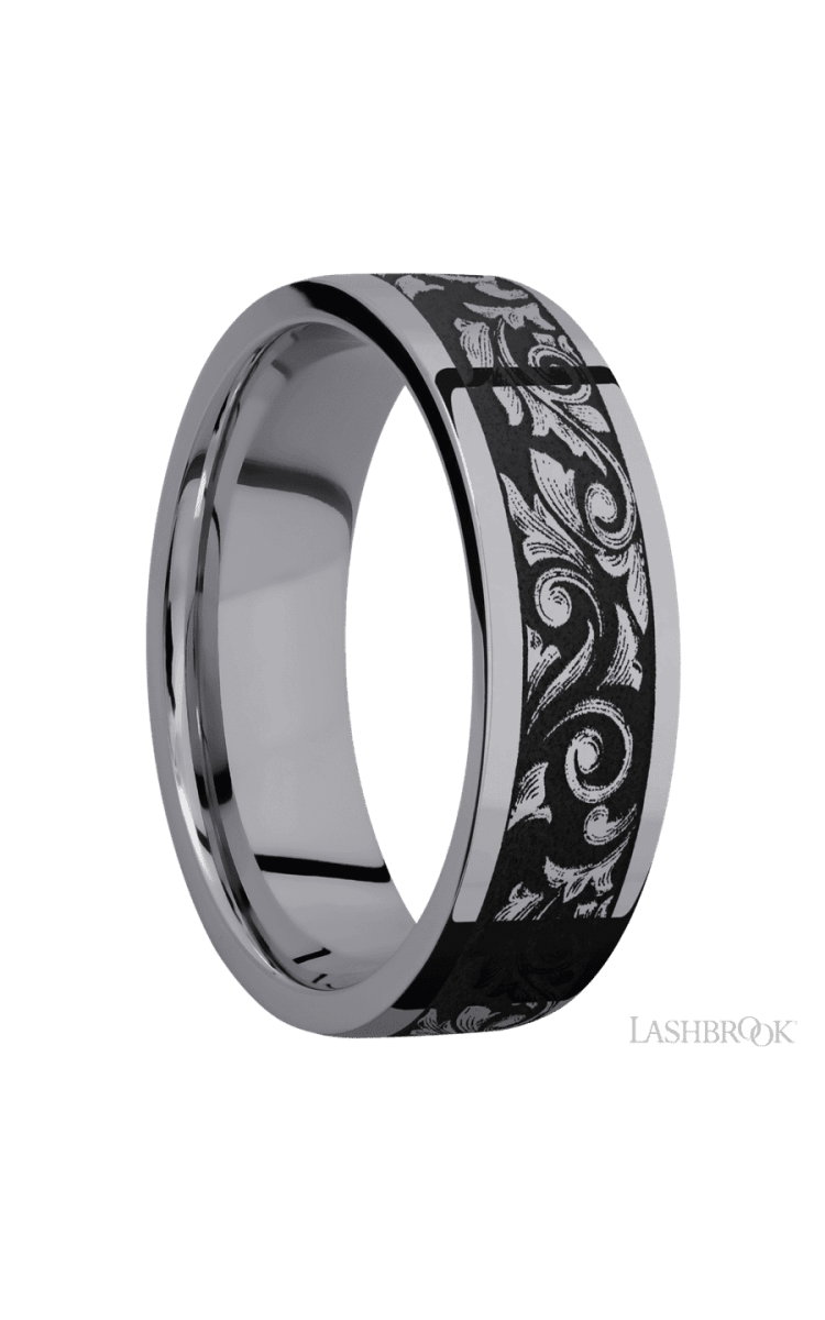 7 mm wide/Flat/Tantalum band with a laser carved Western Scroll pattern. - Diamonds By Rothschild