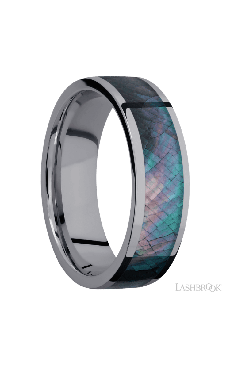 7 mm wide/Flat/Tantalum band with one 5 mm Centered inlay of Black Mother of Pearl. - Diamonds By Rothschild