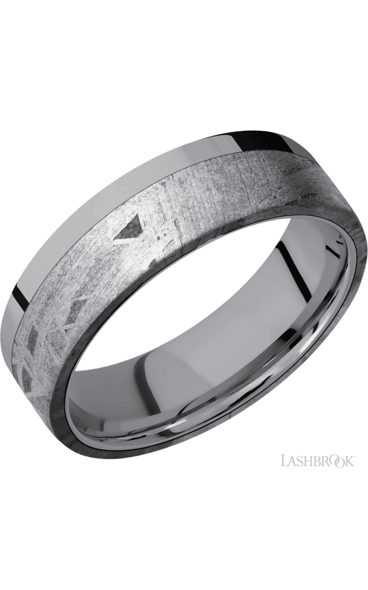 7 mm wide/Flat/Tantalum band with one 5 mm Off Center Edge inlay of Meteorite. - Diamonds By Rothschild