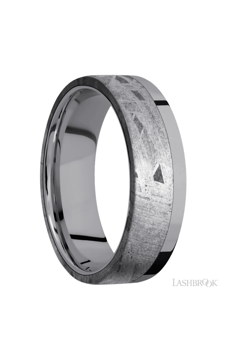 7 mm wide/Flat/Tantalum band with one 5 mm Off Center Edge inlay of Meteorite. - Diamonds By Rothschild
