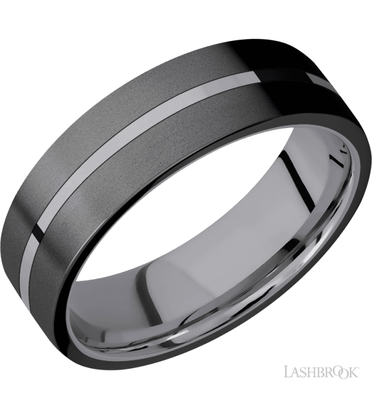 7 mm wide/Flat/Tantalum band with two 3 mm Double Off Center Edge inlays of Zirconium. - Diamonds By Rothschild