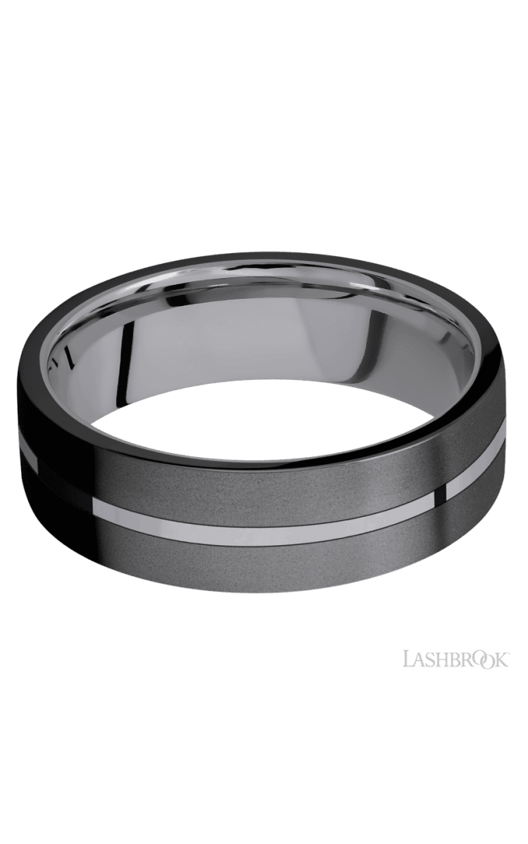 7 mm wide/Flat/Tantalum band with two 3 mm Double Off Center Edge inlays of Zirconium. - Diamonds By Rothschild