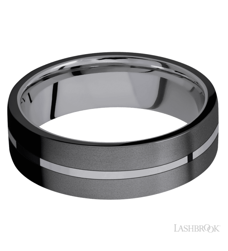 7 mm wide/Flat/Tantalum band with two 3 mm Double Off Center Edge inlays of Zirconium. - Diamonds By Rothschild