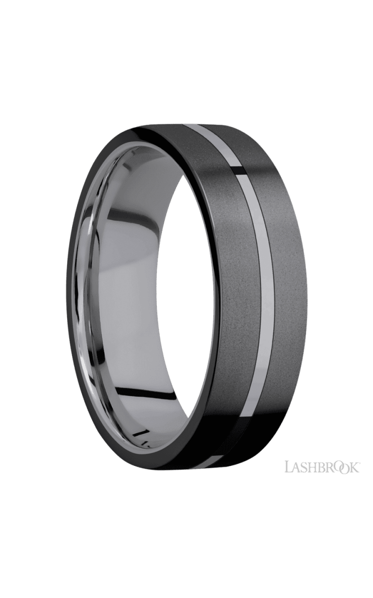 7 mm wide/Flat/Tantalum band with two 3 mm Double Off Center Edge inlays of Zirconium. - Diamonds By Rothschild