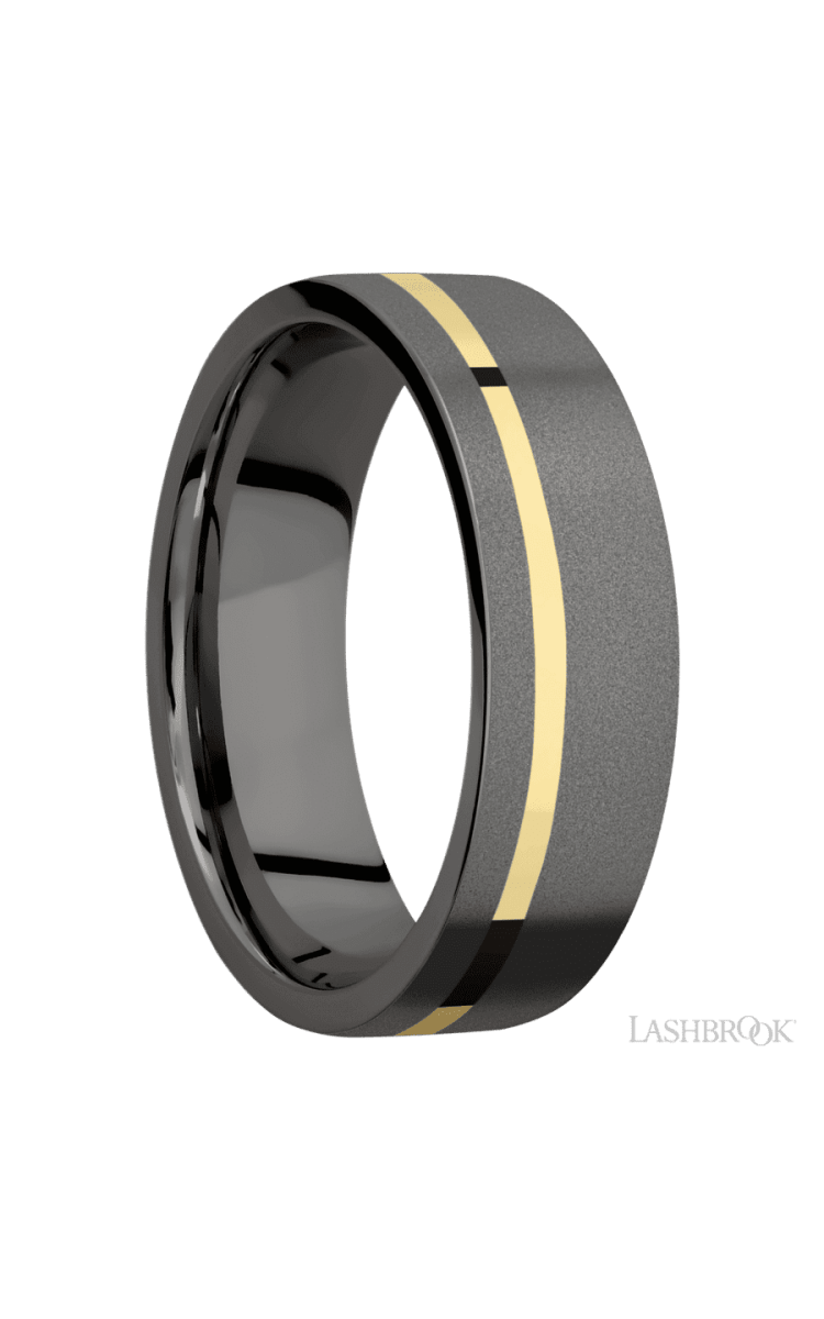 7 mm wide/Flat/Tantalum Noir band with one 1 mm Off Center inlay of 14K Yellow Gold. - Diamonds By Rothschild