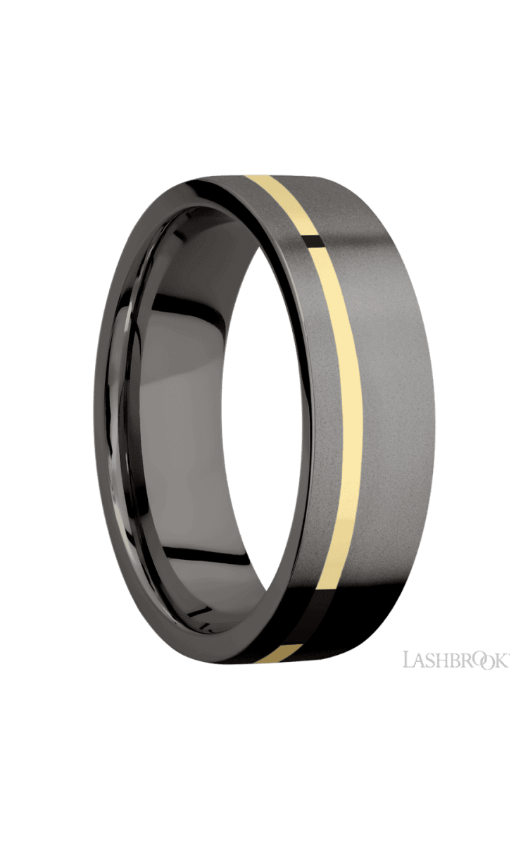 7 mm wide/Flat/Tantalum Noir band with one 1 mm Off Center inlay of 14K Yellow Gold. - Diamonds By Rothschild