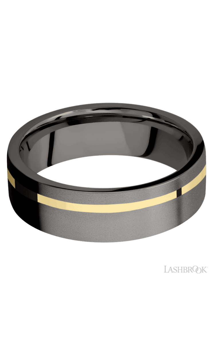 7 mm wide/Flat/Tantalum Noir band with one 1 mm Off Center inlay of 14K Yellow Gold. - Diamonds By Rothschild