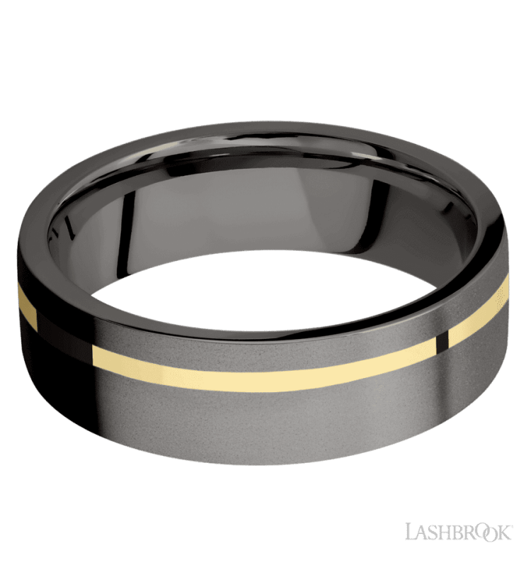 7 mm wide/Flat/Tantalum Noir band with one 1 mm Off Center inlay of 14K Yellow Gold. - Diamonds By Rothschild