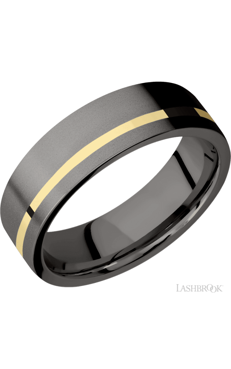 7 mm wide/Flat/Tantalum Noir band with one 1 mm Off Center inlay of 14K Yellow Gold. - Diamonds By Rothschild