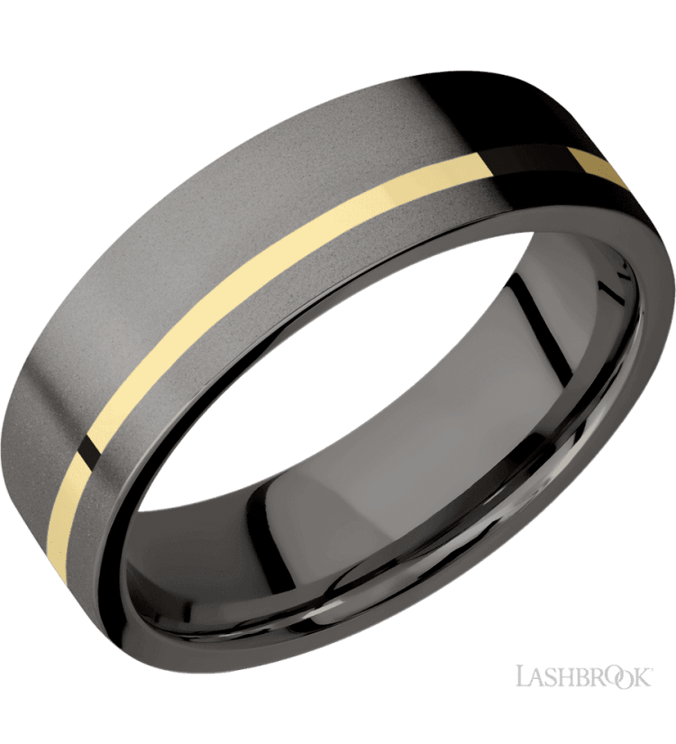 7 mm wide/Flat/Tantalum Noir band with one 1 mm Off Center inlay of 14K Yellow Gold. - Diamonds By Rothschild