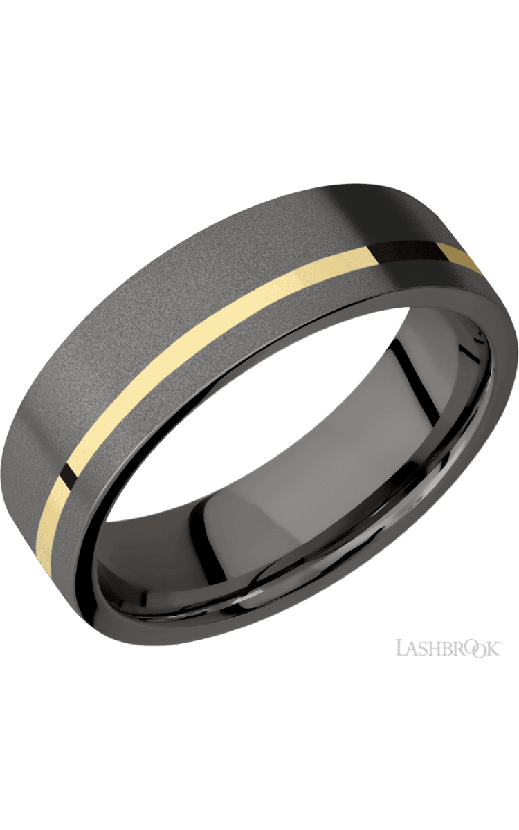 7 mm wide/Flat/Tantalum Noir band with one 1 mm Off Center inlay of 14K Yellow Gold. - Diamonds By Rothschild
