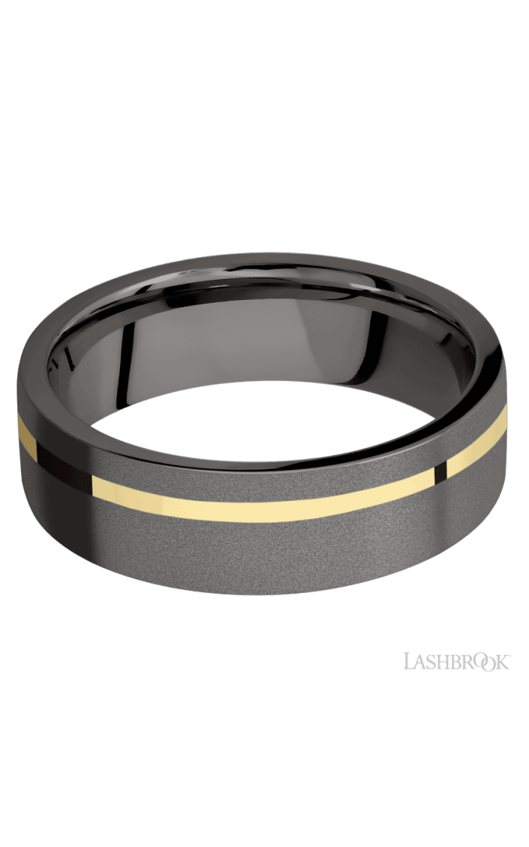 7 mm wide/Flat/Tantalum Noir band with one 1 mm Off Center inlay of 14K Yellow Gold. - Diamonds By Rothschild