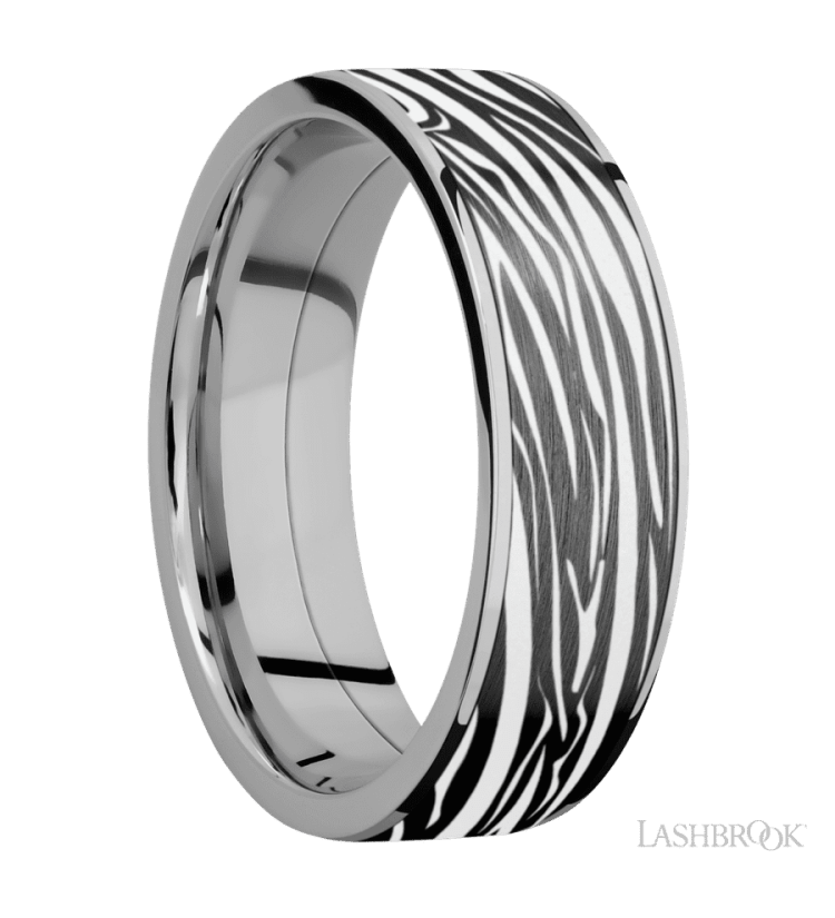 7 mm wide/Flat/Titanium band with one 6 mm Centered inlay of Zirconium with a laser carved Zebra pattern. - Diamonds By Rothschild