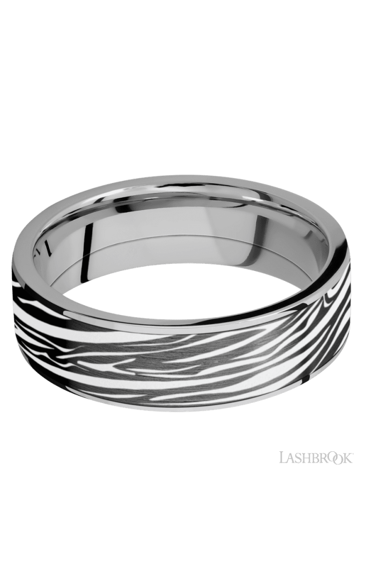 7 mm wide/Flat/Titanium band with one 6 mm Centered inlay of Zirconium with a laser carved Zebra pattern. - Diamonds By Rothschild