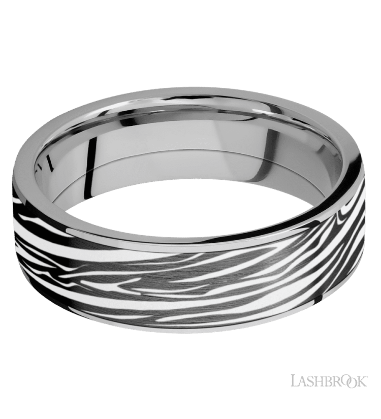 7 mm wide/Flat/Titanium band with one 6 mm Centered inlay of Zirconium with a laser carved Zebra pattern. - Diamonds By Rothschild