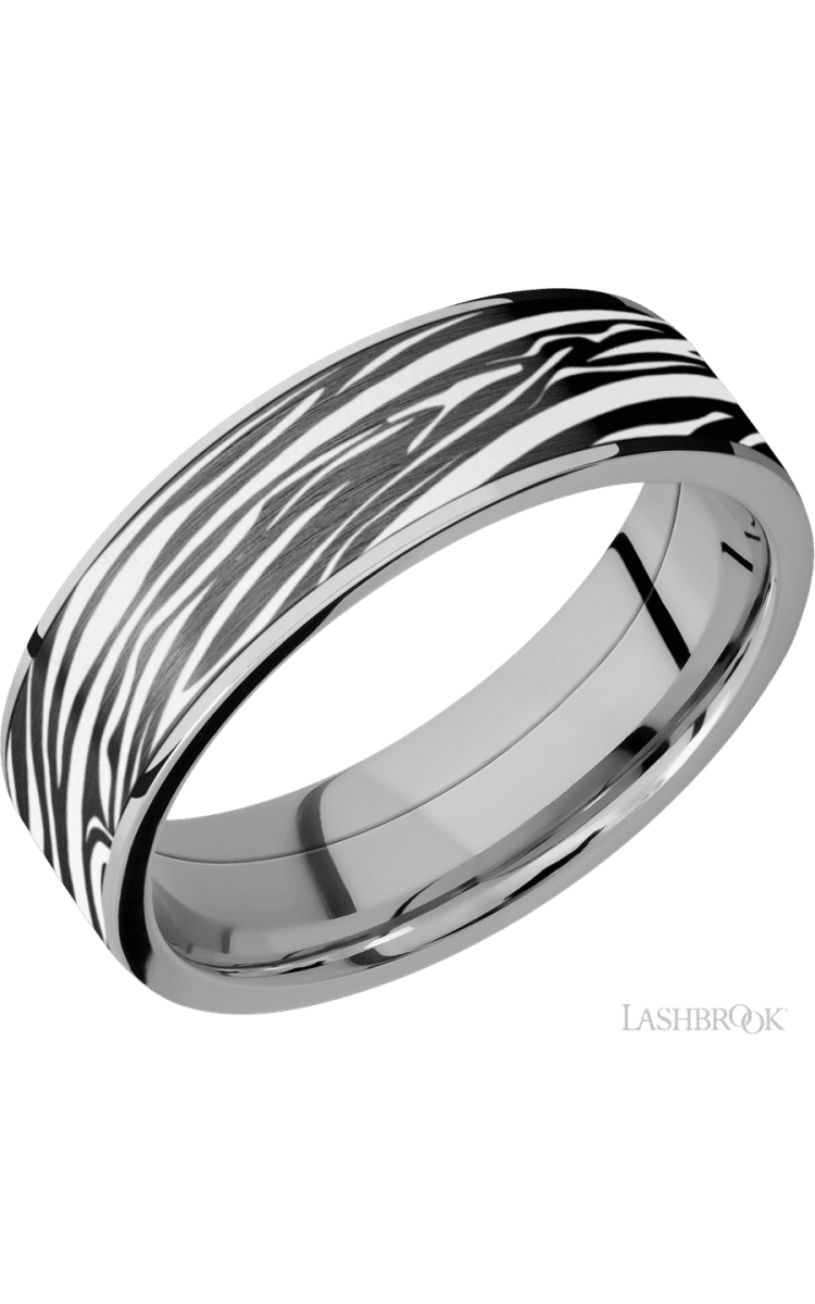 7 mm wide/Flat/Titanium band with one 6 mm Centered inlay of Zirconium with a laser carved Zebra pattern. - Diamonds By Rothschild