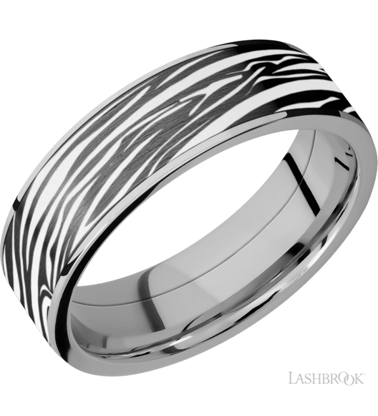 7 mm wide/Flat/Titanium band with one 6 mm Centered inlay of Zirconium with a laser carved Zebra pattern. - Diamonds By Rothschild