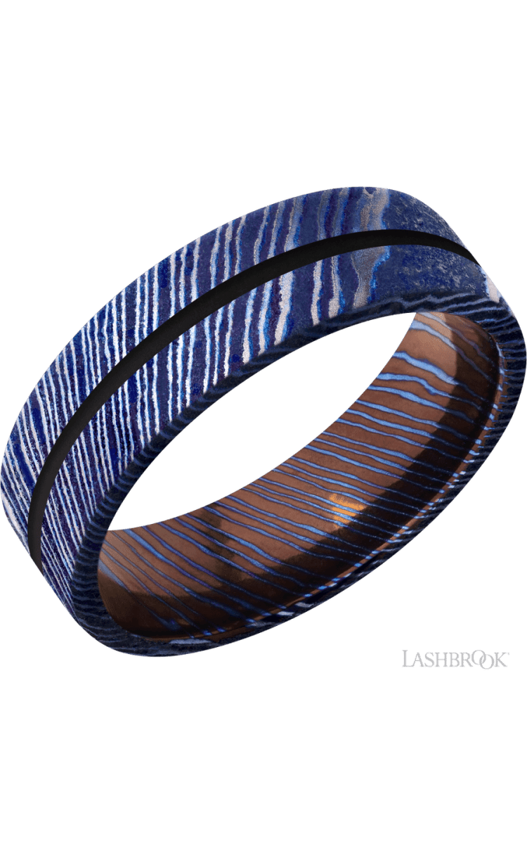 7 mm wide/Flat/Titanium Damascus band with one 1 mm Centered inlay of Black. - Diamonds By Rothschild