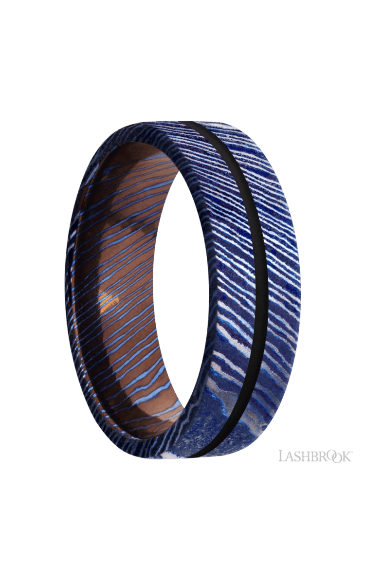7 mm wide/Flat/Titanium Damascus band with one 1 mm Centered inlay of Black. - Diamonds By Rothschild