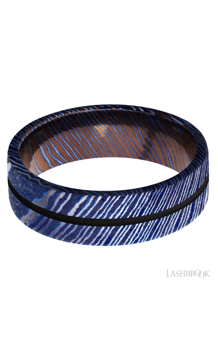7 mm wide/Flat/Titanium Damascus band with one 1 mm Centered inlay of Black. - Diamonds By Rothschild