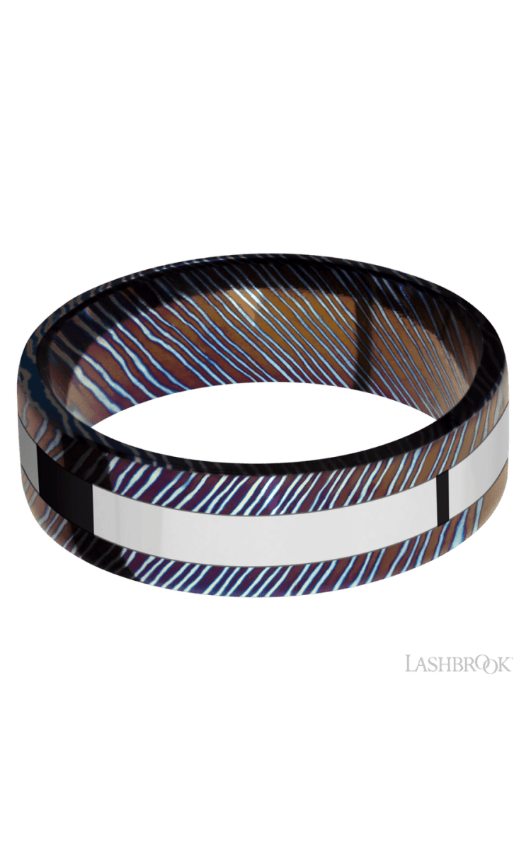 7 mm wide/Flat/Titanium Damascus band with one 3 mm Centered inlay of Cobalt Chrome. - Diamonds By Rothschild