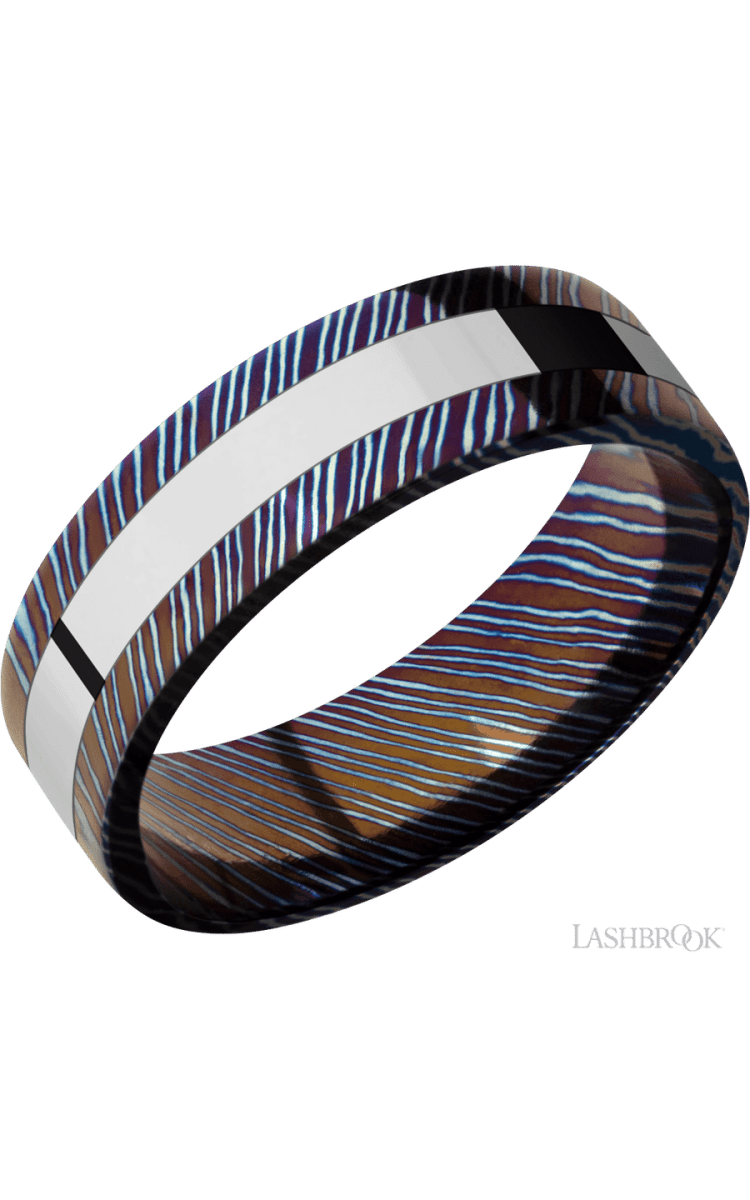 7 mm wide/Flat/Titanium Damascus band with one 3 mm Centered inlay of Cobalt Chrome. - Diamonds By Rothschild