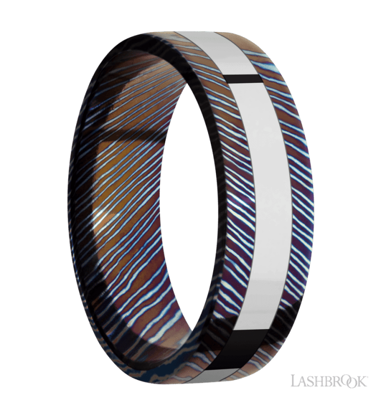7 mm wide/Flat/Titanium Damascus band with one 3 mm Centered inlay of Cobalt Chrome. - Diamonds By Rothschild
